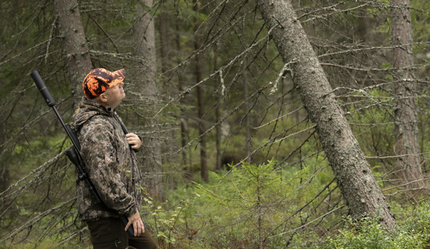 Jägare i kamouflage och orange keps står i skogen med gevär på axeln, tittar mot ett lutande träd.